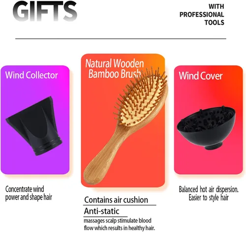 Vista 5 de 【Pantalla inteligente】Secador de pelo profesional 2000 iónico de alta potencia con motor de CA de secado rápido para cabello grueso 4C con accesorio