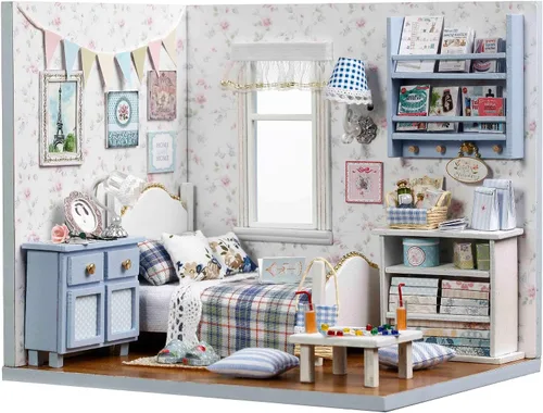 Vista 10 de Spilay Kit de muebles de madera en miniatura para casa de muñecas, mini casa de muñecas hecha a mano con LED, escala 1:24, juguetes creativos