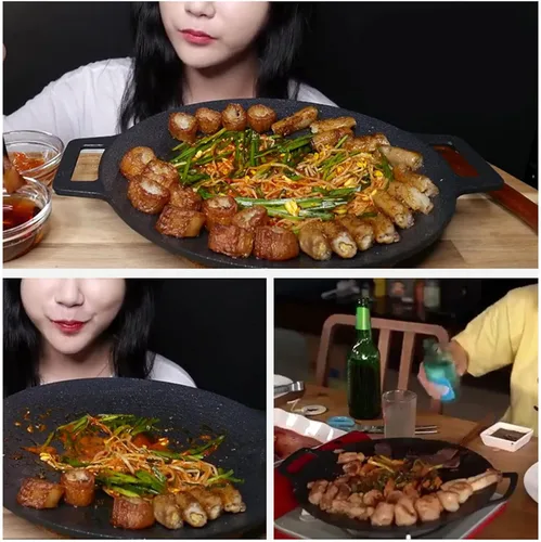 Vista 9 de Sartén coreana, sartén redonda antiadherente de 11.8 pulgadas para barbacoa coreana, parrilla redonda con asa, placa de estufa multifuncional