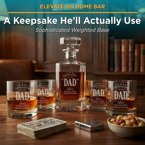 Vista 6 de Juego de decantador de whisky personalizado con vasos para papá, juegos de decantadores de bourbon personalizados, 4 diseños, vasos de whisky