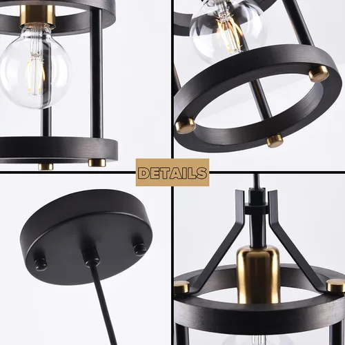 Vista 8 de MO&OK Juego de lámparas de araña de 3 luces vintage, lámparas colgantes de metal y madera estilo granja en negro, iluminación colgante de estructura