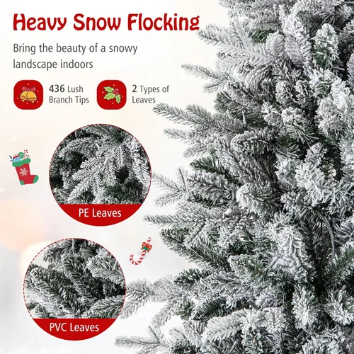 Vista 4 de Goplus Árbol de Navidad artificial preiluminado de 4.5 pies con nieve, árbol de Navidad completo con bisagras con 160 luces LED multicolores, 8
