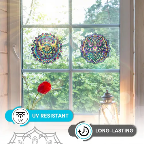 Vista 6 de Kit de Arte de Vitral Mandala Hula Home - Animales DIY para Ventanas con Marcadores, 10 Atrapasoles - Perfecto Hobby para Adultos, Niños