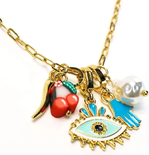 Vista 3 de Collar de protección con colgante de clip - Collar con colgante con cuerno italiano de mal de ojo y perlas de pie
