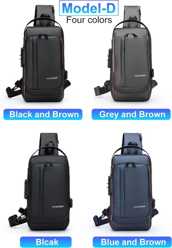 Vista 5 de Geanbun Mochila cruzada USB antirrobo impermeable para el pecho, D-azul y marrón, Moda
