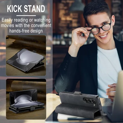 Vista 3 de CaseMe - Funda tipo cartera para Samsung Galaxy Z Fold 5, hecha a mano con cierre magnético de piel retro duradera, con cierre magnético