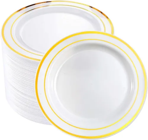 Vista 11 de bUCLA 100 platos de plástico con borde plateado, platos desechables de 7.5 pulgadas, ideales para bodas, fiestas y Navidad