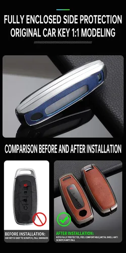 Vista 7 de ontto Funda de cuero y marco de metal para llavero, protección completa, antiarañazos, ajuste para Nissan Rogue Pathfinder X-trail Versa Kicks Ariya