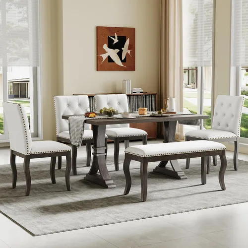 Vista 21 de Juego de mesa retro de comedor de cocina de 7 piezas, mesa extensible de madera maciza de 60 a 78 pulgadas con hojas extraíbles y 6 sillas
