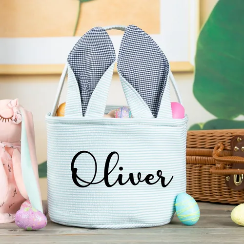 Vista 9 de Cesta de Pascua personalizada, cubos de Pascua con orejas de conejito de peluche personalizados para niños, huevos, caza, fiesta de Pascua, bolsa