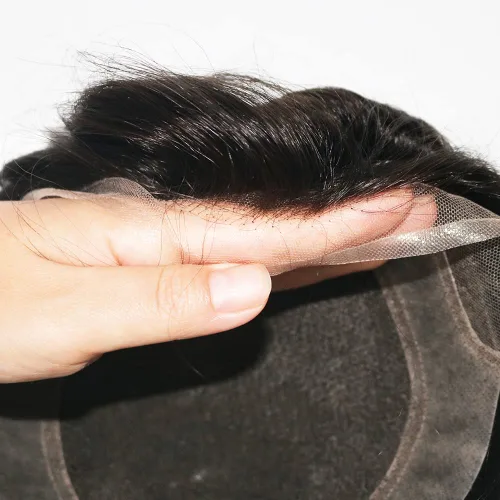 Vista 2 de Línea capilar natural tipo tupé de encaje francés con sistema de peluca de cabello humano PU para hombre, micro nudos para prótesis capilar