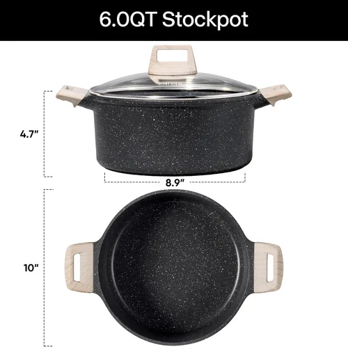 Vista 2 de CAROTE Olla antiadherente con tapa, cazuela de granito negro de 6 cuartos
