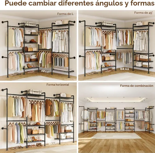 Vista 5 de ONBRILL L4 - Perchero industrial de tubería para montar en la pared, sistema organizador de armario con 6 barras de ropa colgantes