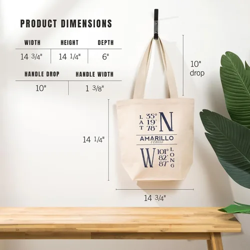 Vista 5 de Lantern Press Amarillo, Texas, Latitude and Longitude (Blue) (100% Cotton Canvas Reusable Tote Bag)