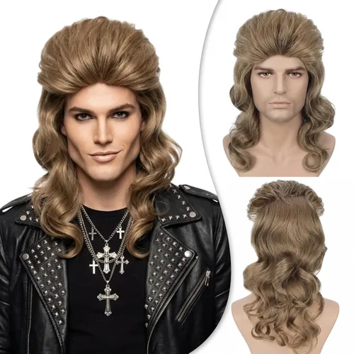 Vista 22 de Creamily Peluca marrón para hombre, disfraz de pelo corto, estilo cosplay marrón (Brown-1)