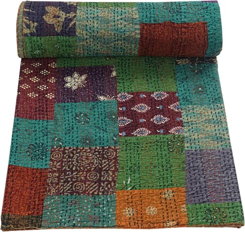 Vista 11 de Marubhumi Colchas hechas a mano tradicional de algodón puro con estampado de cachemira Kantha, funda de cama reversible con estampado de cachemira