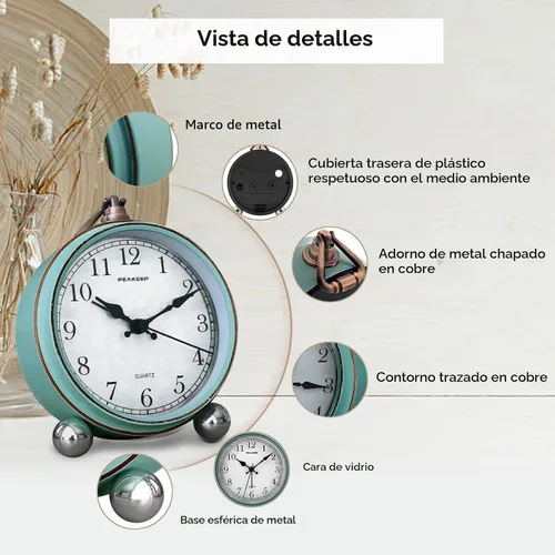 Vista 3 de Peakeep 4" Pequeño Reloj Despertado Retro Analógico a Batería para Decoración de Habitación, Reloj de Noche Silencioso Elegante para Escritorio