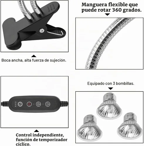 Vista 4 de Lámpara de calor para reptiles, lámpara de calefacción de doble cabeza para reptiles, lámpara de tortuga UVA/B con abrazadera, control separado, luz