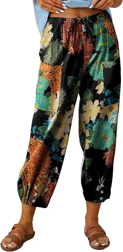 Vista 24 de Pantalones capri de cintura alta con cordón y botón de algodón suelto casual con bolsillos para mujer