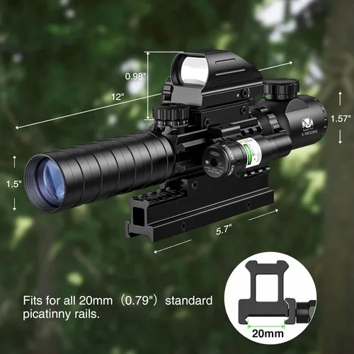 Vista 7 de MidTen 3-9x32 Combo de mira con ópticas iluminadas duales y retícula holográfica con punto rojo/verde & mira láser IIIA/2MW, mira telemétrica