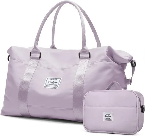 Vista 14 de Bolsas de lona de viaje, bolsa de fin de semana para mujer con bolsillo húmedo y bolsa de aseo personal, bolsa de viaje para gimnasio, Negro