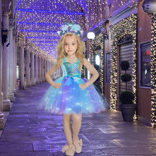 Vista 9 de Girls Mermaid Tutu Dress for Birthday Party LED Light Up Halloween Mermaid Outfit Dress Up Dress with Headband