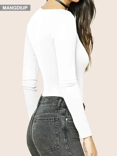 Vista 2 de MANGDIUP Bodysuit for Women Round Neck Scoop Neck Long Sleeve Stretch Tops Jumpsuit