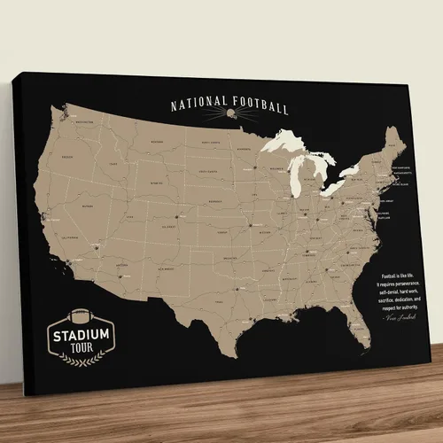 Vista 2 de HolyCowCanvas Rastreador de mapas de estadio de fútbol de lona personalizado con alfileres, pelotas de fútbol de metal, regalo deportivo