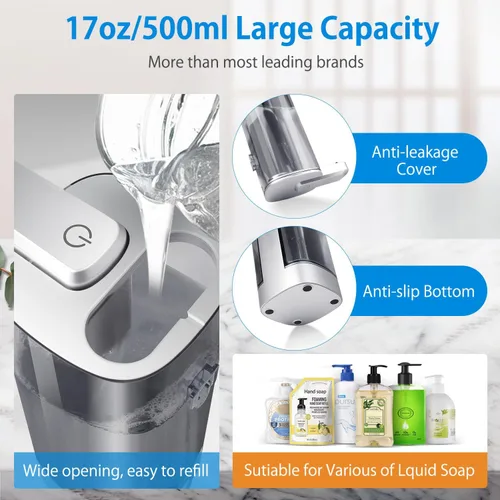 Vista 5 de Dispensador automático de jabón líquido, recargable, sin contacto, 17oz/500ml con 4 niveles de jabón ajustables, montaje en pared e impermeable