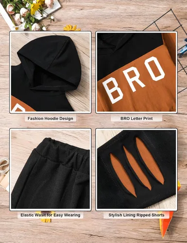 Vista 5 de AGAPENG Conjunto de ropa de manga larga con capucha y estampado de letras pantalones rasgados para otoño e invierno