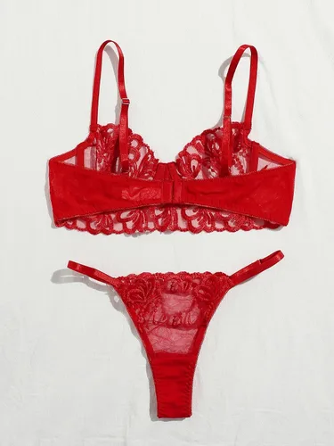 Vista 2 de SOLY HUX Conjunto de brasier y braga de lencería con aros y malla floral bordada para mujer