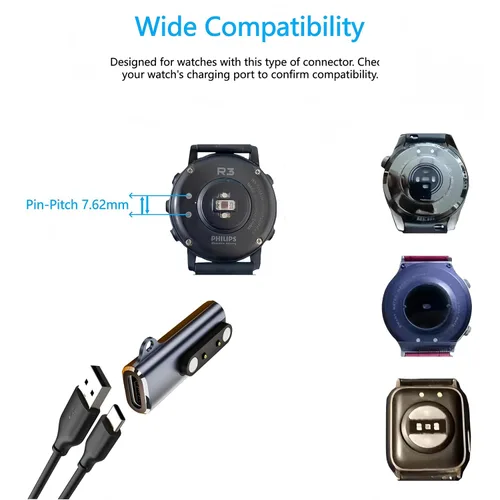 Vista 3 de Cargador universal para reloj inteligente, magnético, USB tipo C a paso de 0.30 in, adaptador de 2 pines, cable de carga de repuesto compatible