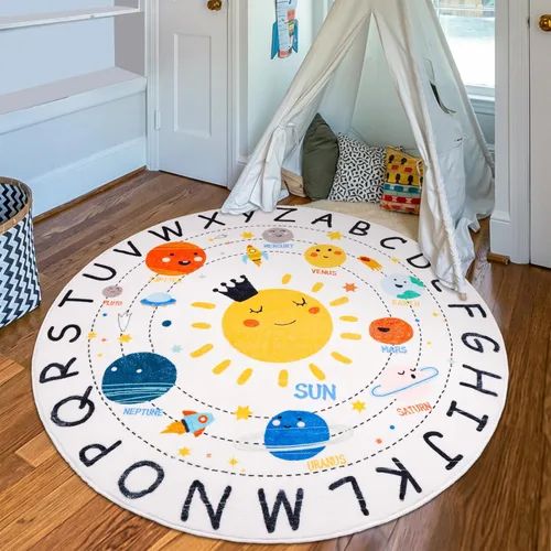 Vista 9 de ABC Space - Alfombra para niños, 3 pies 3 pulgadas x 4 pies 11 pulgadas, antideslizante, alfabeto, alfombra lavable, alfombra de felpa suave