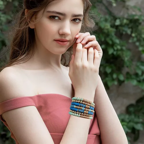 Vista 6 de Pulseras de cuentas de arcilla estilo heishi surfista para mujer, con discos de vinilo y dije de mal de ojo, apilables, pulseras elásticas