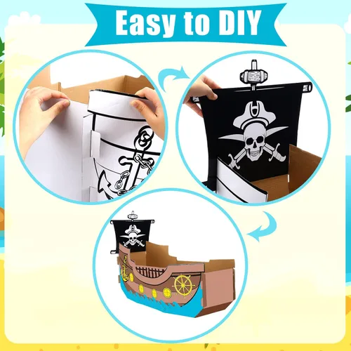 Vista 3 de Eaasty Colorear barco pirata de cartón, barco de cartón, casa de juegos para niños, manualidades, bricolaje, niños grandes, casa de juegos al aire