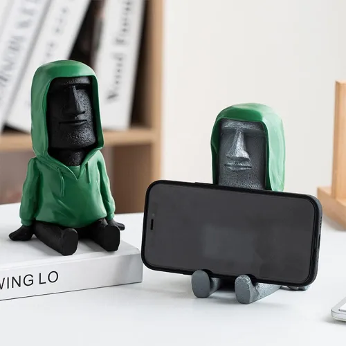Vista 6 de Decoración de estatua Moai de Isla de Pascua con soporte para teléfono inteligente, escultura de figura retro para oficina en casa con soporte