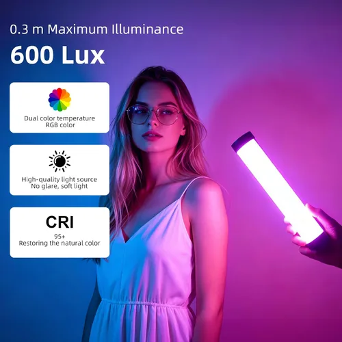 Vista 2 de LUXCEO Varita de luz LED RGB multicolor – Mini luz recargable de 2000 mAh para grabación de video, luces de tubo profesional con base magnética