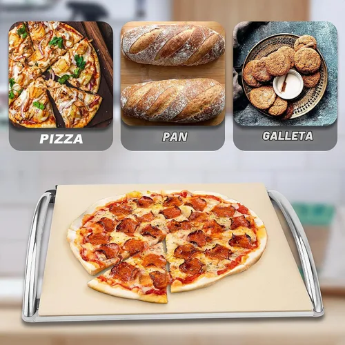 Vista 6 de Skyflame Piedra de pizza de cordierita de 16 pulgadas con estante y mango de acero inoxidable extraíble, piedra de hornear resistente para parrillas