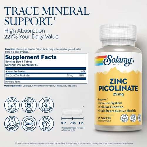 Vista 2 de SOLARAY Picolinato de Zinc 25 mg - Suplementos de zinc para hombres y mujeres - Suplemento de apoyo inmunológico - Vegano, sin gluten, verificado
