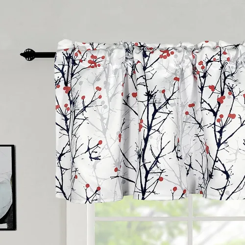 Vista 11 de Cenefas de cortina opacas para ventanas de cocina, ramas de árbol, estampado de pájaros, cenefas cortas para ventana de dormitorio, sala de estar