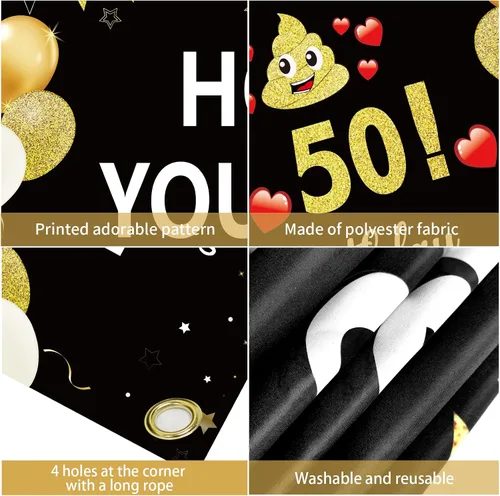 Vista 6 de Divertida pancarta de cumpleaños 50 para hombres y mujeres, pancarta de feliz cumpleaños de 50 años color negro y dorado para fiestas, fondo