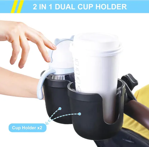 Vista 2 de JINKEY Soporte universal de doble taza de rotación de 360° para cochecito de bebé, ajustable 2 en 1 doble soporte para cochecito para bicicleta