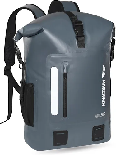 Vista 10 de MARCHWAY Mochila impermeable con parte superior enrollable, bolsa seca flotante de 20L/30L/45L con base rectangular ergonómica, espalda acolchada