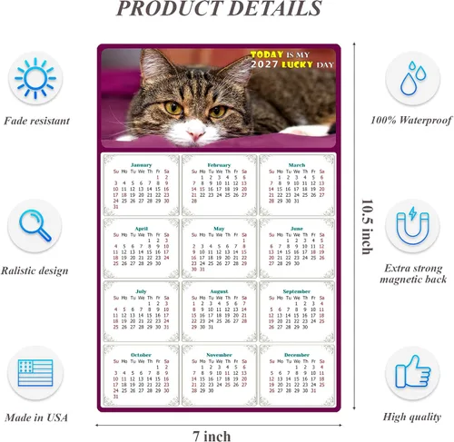 Vista 3 de Calendario magnético 2026 – Imanes del calendario – Today is my Lucky Day – Resistente a la decoloración, desgarros y agua – Temática de gato 022