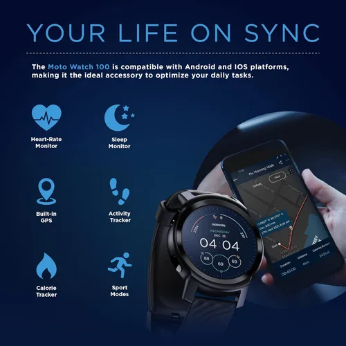 Vista 6 de Motorola Moto Watch 100 - Reloj inteligente con GPS de 1.654 in para hombres y mujeres, batería de 14 días, frecuencia cardíaca 24/7, SpO2, Phanthom