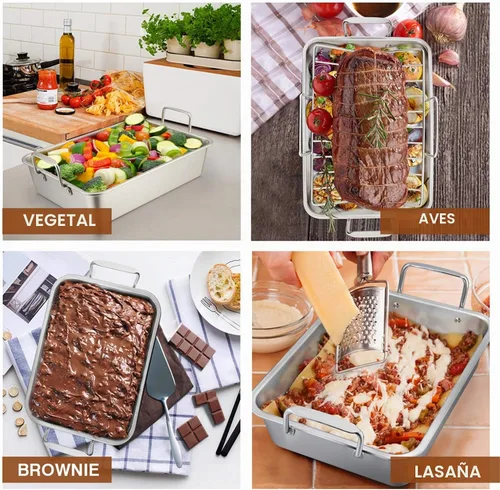Vista 5 de P&P CHEF Bandeja Asadora de 14 pulgadas con rejilla para hornear y rejilla en forma de V, bandeja rectangular de acero inoxidable para lasaña