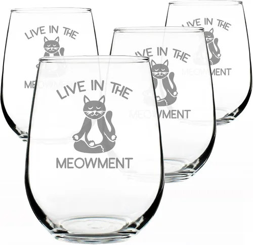 Vista 7 de Custom Live In The Meowment - Personalized Stemless Wine Glass - Funny Cat Gifts and Meditation Themed Decor - Large 17 Oz Glasses - Customized Wine