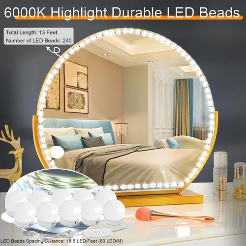 Vista 4 de Luces de espejo regulables, luces LED estilo Hollywood con 10 bombillas, luces de tocador alimentadas por USB para espejo, tocador, dormitorio