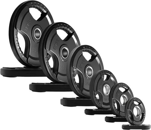 Vista 14 de RitFit Olympic Rubber Grip Weight Plates, 2-Inch Barbell Set Solid Iron Core, Rubber Coated, 2-Inch Olympic Bar Compatible, 3-Hole Grip, 2.5LB to