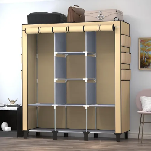 Vista 4 de Armario portátil con 10 estantes de almacenamiento y 2 postes para colgar, 18 bolsillos laterales no tejidos, tamaño 51.2 x 17.7 x 67.7 in, Beige